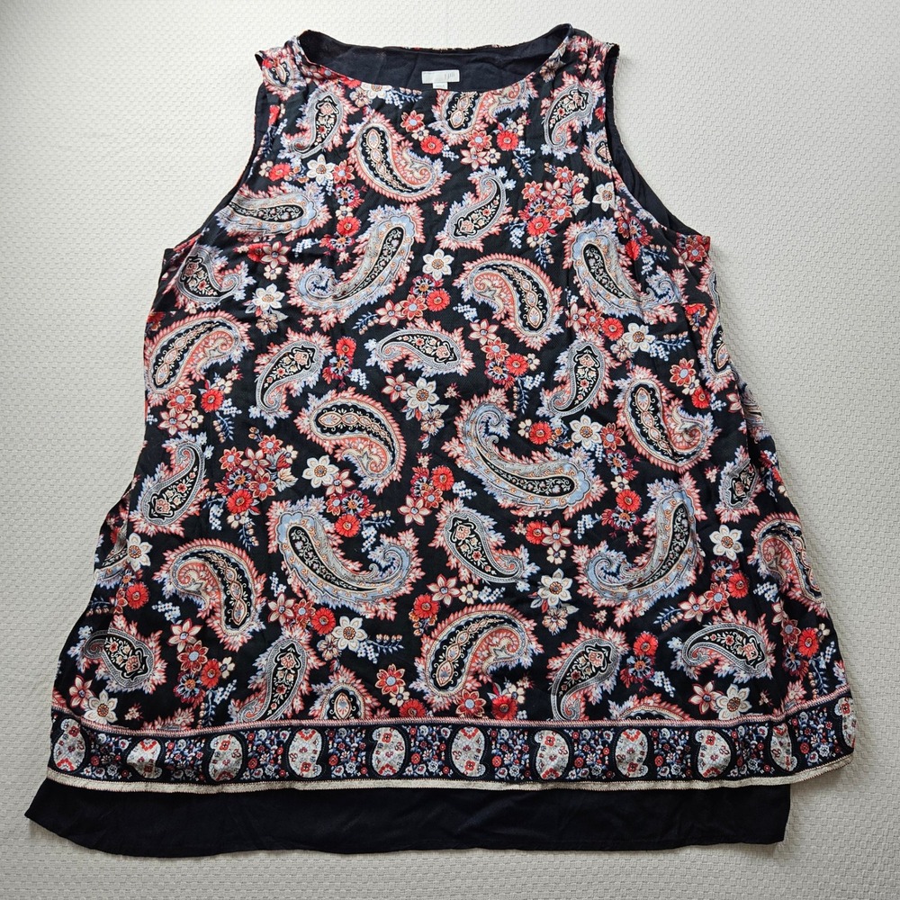 J. Jill Womens 3X Paisley Floral Split Back Layered Sleeveless Tunic Top Black